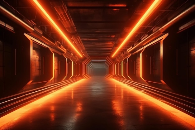 A dark tunnel with orange lights and a black floor.