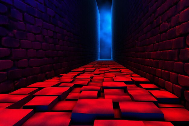 A dark tunnel with red and blue cubes