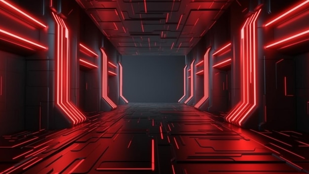 빨간 불빛과 검은색 배경이 있는 어두운 터널.