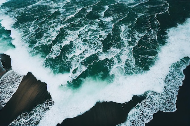 Dark turquoise sea splashing off coast of iceland beach