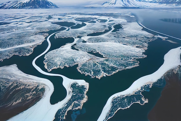 Dark turquoise water and white Iceland aerial river streaks