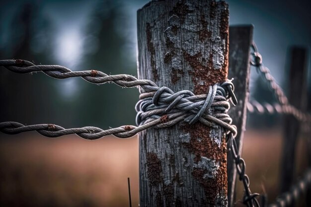 Dark twisted barbed wire along vertical steel posts in front of blurry background generative ai