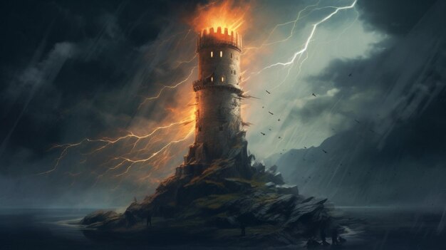 A dark twisted tower with lightning striking