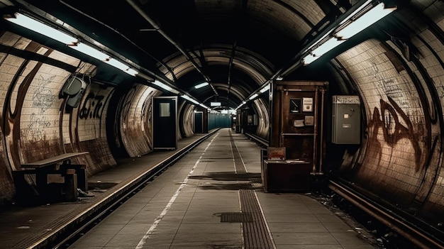 A dark underground tunnel with a sign that says'train station '