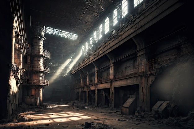 Dark unlit image of interior of old abandoned factory metallurgical industry