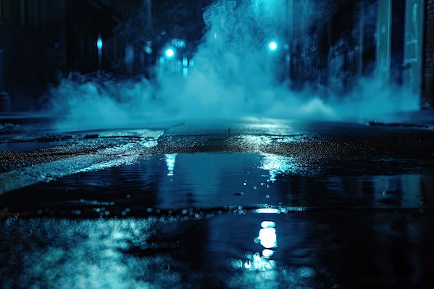 Dark urban scene with wet asphalt neon lights and smoke