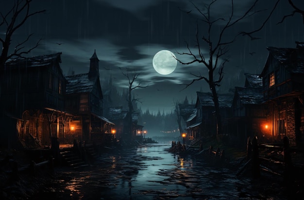 A dark village in the night full moon and little candles for light mystical and scary situation