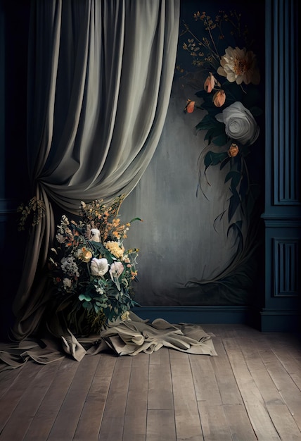 Dark vintage wall decorated with silk curtains and flowers