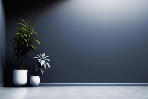 Photo dark wall empty room with plants on a floor, 3d rendering in minimalist style