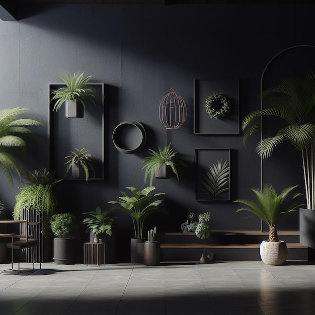 暗い壁の空き部屋と植物の床 3D レンダリング