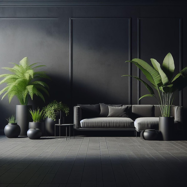 Dark wall empty room with plants floor 3d rendering