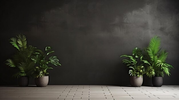 Dark wall empty room with plants on a floor3d render
