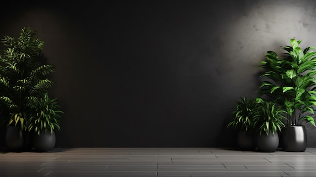 Dark wall empty room with plants on a floor3d render