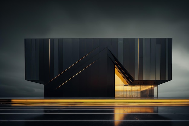 暗い壁とオレンジ色の窓のモダンな抽象的なスタイルの立方体の形の建物の外観