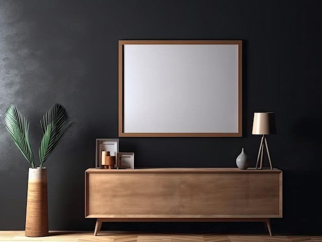 Dark wall with empty blank canvas frame mockup minimalist interior Generative AI