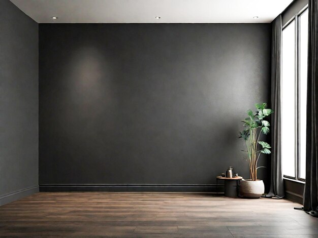 a dark wall with a plant on it and a plant in the corner