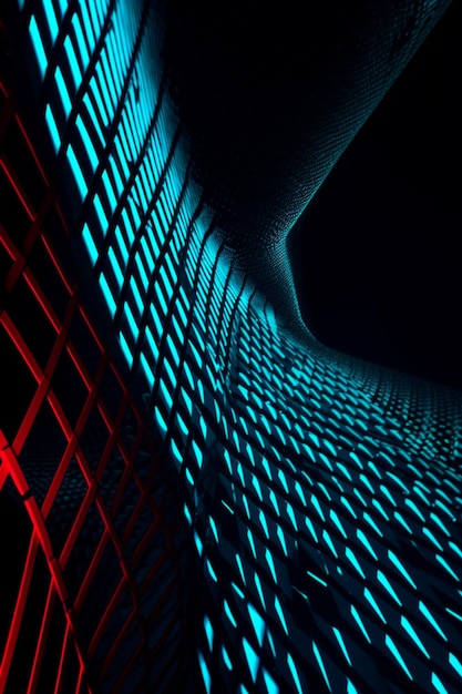 A dark wall with a red and blue light that is lit up.