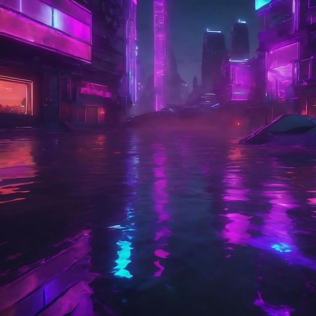 Dark waves neon with flares of night city surface