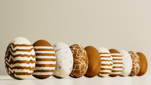 Dark and white chocolate eggs in a row on cream colored stage 3d illustration