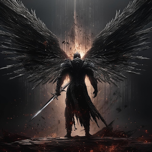 Premium AI Image An angel of death with black wings and demonic fiery eyes stands with his magic sword
