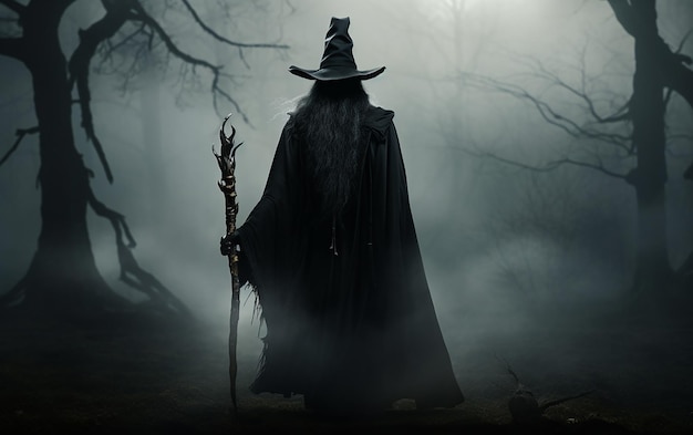 Dark Wizard with Pointy Hat and Overcoat Forest Scene