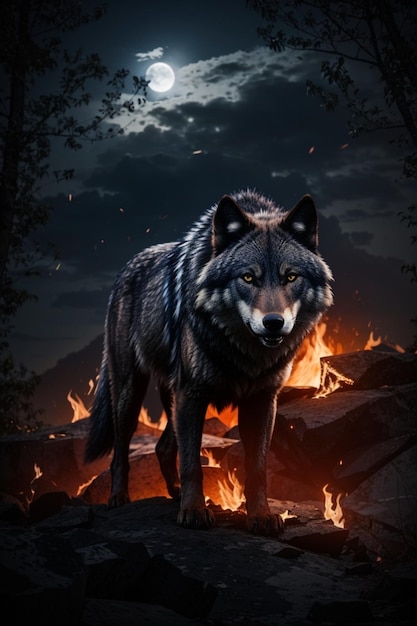 Photo a dark wolf stay in under the moon on fire
