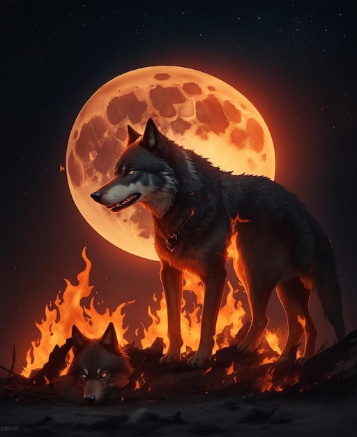 a dark wolf stay in under the moon on fire