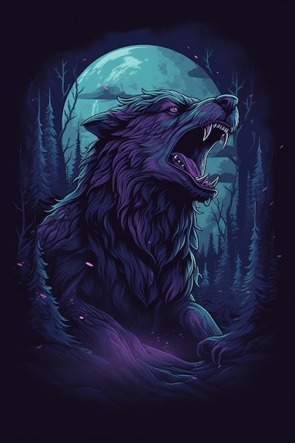 A dark wolf with a full moon in the background