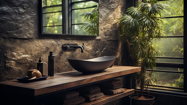 Photo dark wood bathroom hd 8k wallpaper stock photographic image