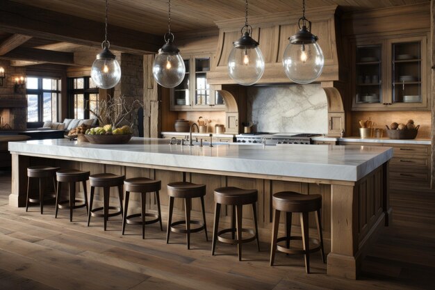 Dark wood decor bar stools in the kitchen professional advertising photography