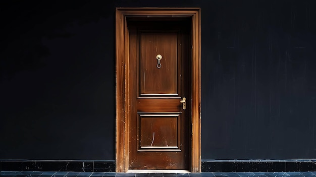Темная деревянная дверь - единственное, что выделяется на черной стене дверь старая и выветренная с большой металлической дверной ручкой