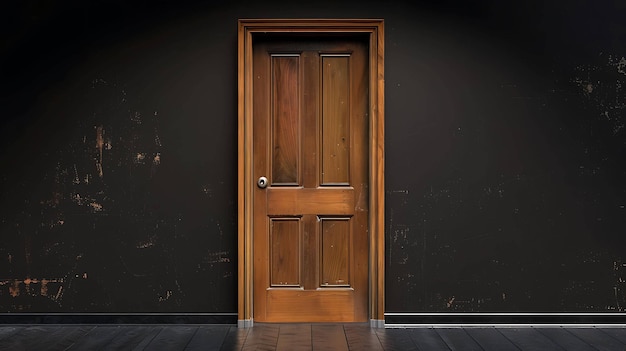 The dark wood door is the only thing that stands out against the dark background The door is made of rich dark wood and has a shiny metal doorknob