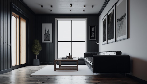 Dark wood living room interior concept with gray sofa Generative AI