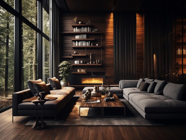 Dark wood living room interior with a timeless appeal AI Generative