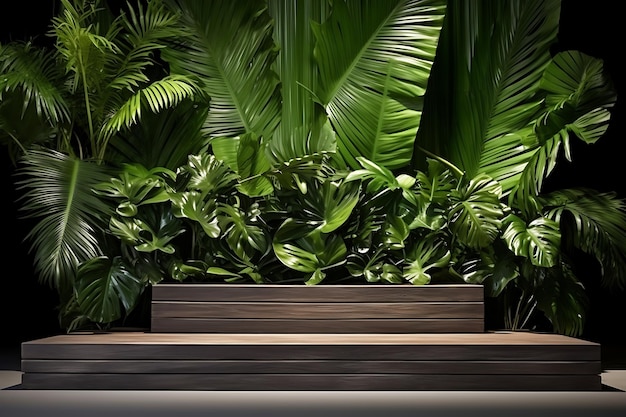 Dark wood podium stage display mockup for product presentation decorated with monstera leaves
