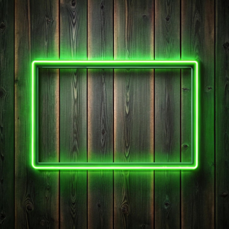 Photo dark wood wall background green neon light and rectangle shape with horizontal banner