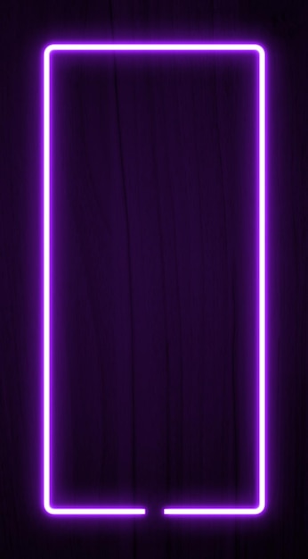 Dark wood wall background purple neon light and rectangle shape with vertical banner line frame