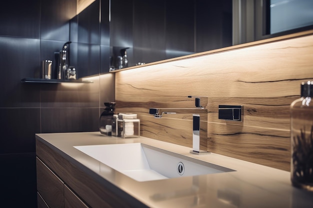 Dark wooden bathroom interior with sink and mirror