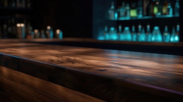 Photo dark wooden counter with a bar in the style of bokeh panoram