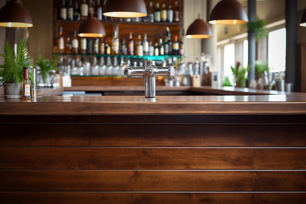 Dark wooden counter with a bar in the style of bokeh panoram