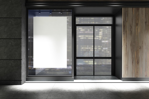 Photo dark wooden and dark gray stone cafe facade with a vertical poster and a glass door. night. close up. 3d rendering mock up