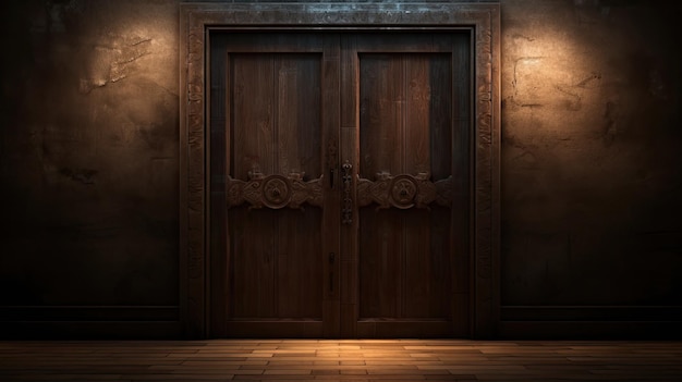 A dark wooden door with a light on it