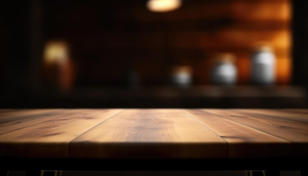 Dark wooden empty table for product display with blurrd living room background Generative AI