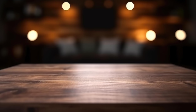 Dark wooden empty table for product display with blurrd living room background Generative AI