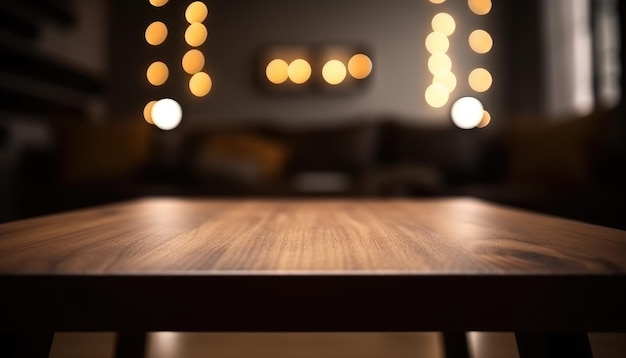 Dark wooden empty table for product display with blurrd living room background Generative AI