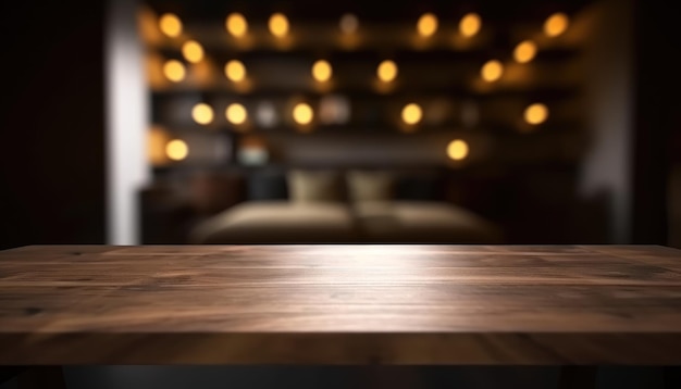 Dark wooden empty table for product display with blurrd living room background Generative AI