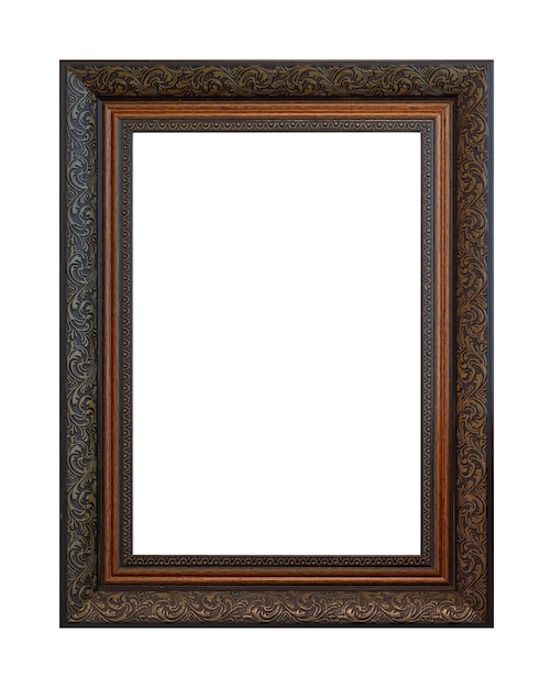 Dark wooden picture frame isolated on white background.