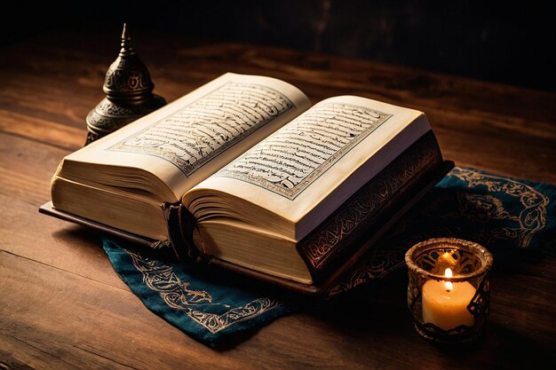 Photo a dark wooden placemat with an open photo of the quran on it