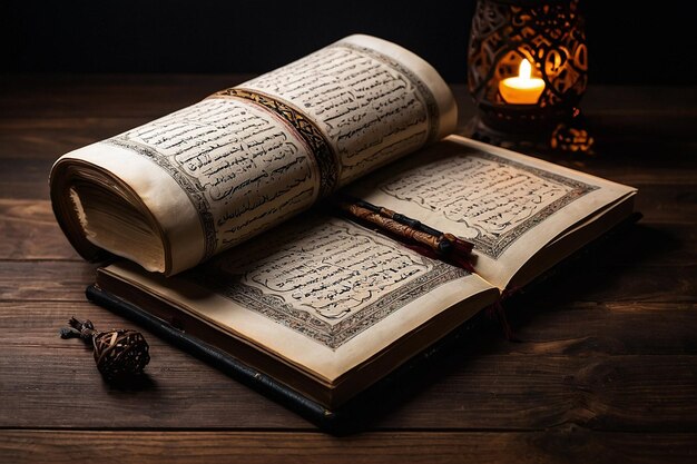 A dark wooden placemat with an open photo of the Quran on it