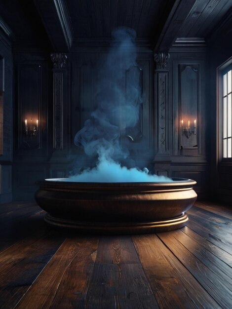 Photo a dark wooden room with dark blue smoke background